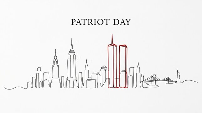 Patriot Day artistic outline illustration featuring a continuous line drawing of the iconic New York City skyline with historic twin towers highlighted