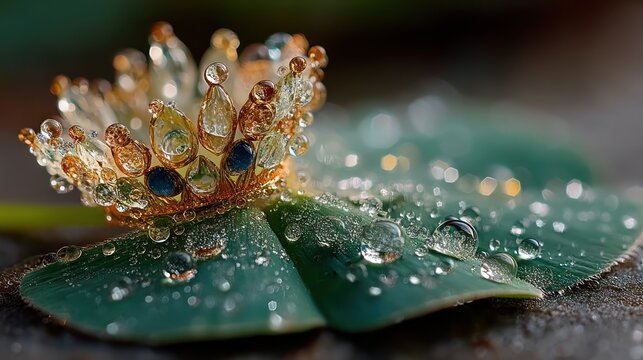 Close-up of dewdrops on a clover leaf supporting a delicate jeweled crown