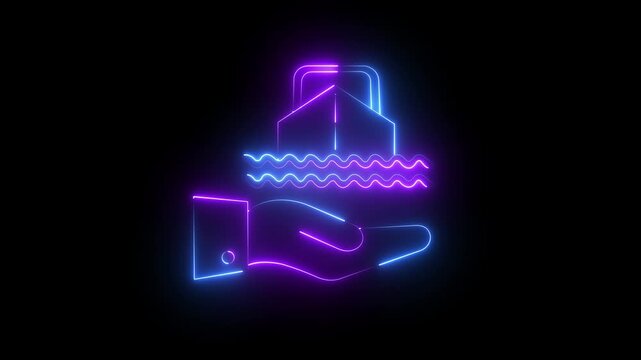 Neon hand holding boat animation for marine insurance and travel concepts