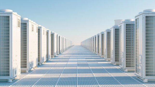 Rows of industrial HVAC air conditioning units neatly aligned on a building rooftop under a clear blue sky