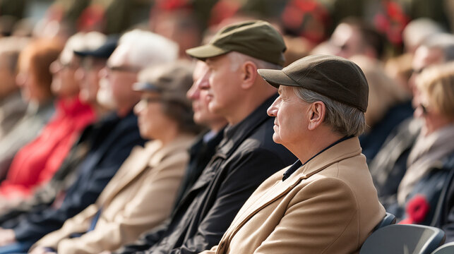 Veterans and community members gather in a bright public square for a remembrance ceremony with wreaths and ceremonial guards, no identifiable landmarks, veteran tribute, military service,