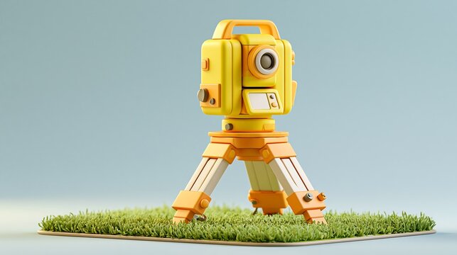 Minimal 3d illustration of a yellow surveying total station on a tripod standing on a small green grass patch