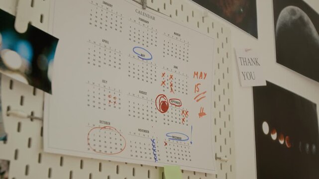 Calendar hanging on pegboard showing marked deadlines and circled dates, captured in low angle shot. Clip is perfect for project management and business planning commercial videos