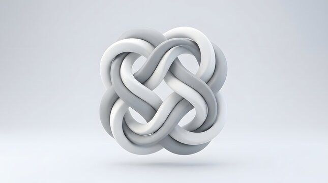 Abstract white and grey infinite knot sculpture on clean light studio background.