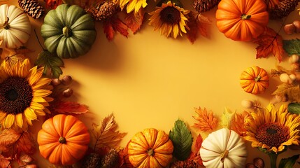 Fototapeta premium Vibrant autumn flat lay frame featuring colorful pumpkins sunflowers pinecones and dried maple leaves on a rustic yellow textured background
