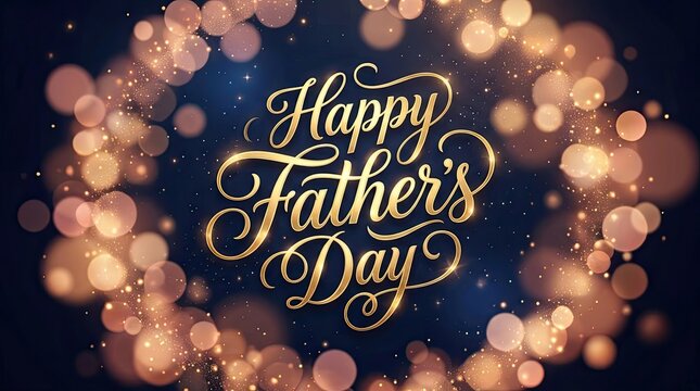 Elegant happy fathers day calligraphy with golden bokeh lights on a dark blue background