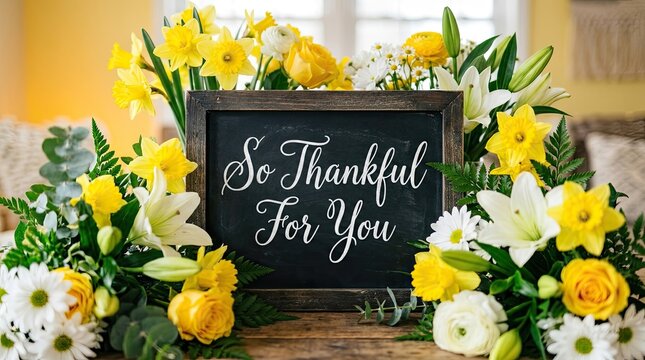 Chalkboard sign surrounded by vibrant yellow flowers and elegant white candles gratitude