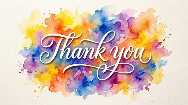 Watercolor thank you lettering with vibrant colorful brushstroke background for gratitude expression