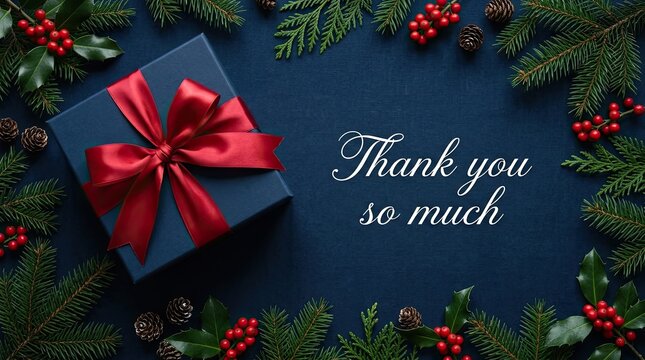 Elegant gift with a red ribbon and festive winter foliage background for thank you notes