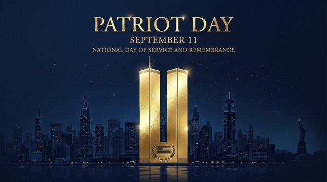 Patriot Day September 11 National Day of Service and Remembrance conceptual digital illustration featuring glowing golden twin towers over a night city skyline