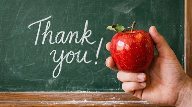 Hand holding a bright red apple in front of a chalkboard with thank you message