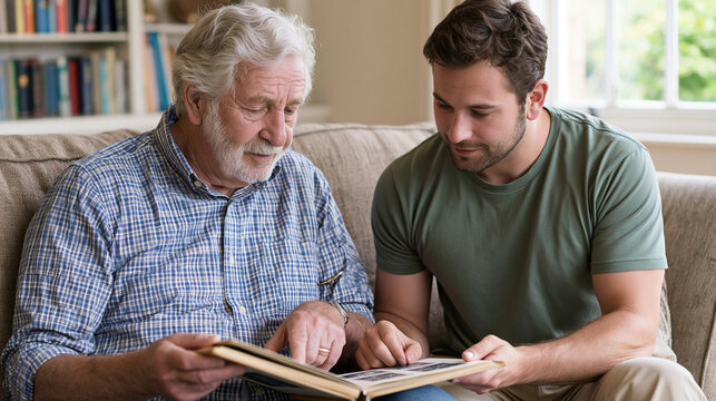 A senior veteran and adult grandchild look through an old military photo album in a bright living room, family history, remembrance, veteran story, intergenerational bond, military