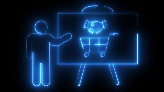 Neon business presentation handshake and shopping cart concept for e-commerce and retail strategy