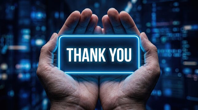 Hands holding a glowing neon sign displaying the words thank you against a blurred background