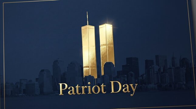 A solemn tribute commemorating Patriot Day featuring a glowing representation of historic twin skyline towers against a deep blue memorial background