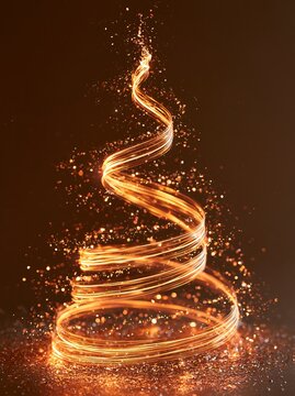 Abstract golden light trail forming a spiral Christmas tree shape with glowing glitter particles on a dark background