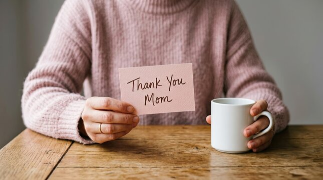 Woman holding a card with the words happy mothers day and a cup of coffee