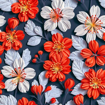 Seamless floral pattern with 3d embossed red and white flowers on a dark navy background
