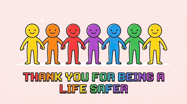 Colorful stick figures holding hands with text thanking a lifeguard for their service
