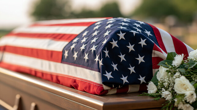 Close-up of a folded American flag resting on a coffin beside fresh white flowers during a bright outdoor military funeral, veteran honor, remembrance, sacrifice, ceremony, patriotism,