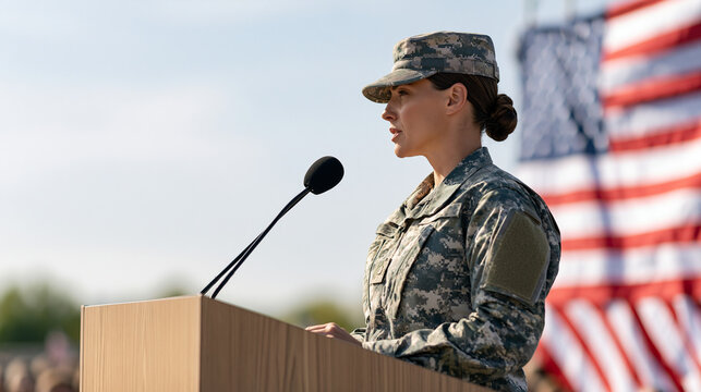 A female military officer speaks at a bright veterans ceremony from a simple podium with no logos, audience and flags softly visible, leadership, military service, veteran honor, public