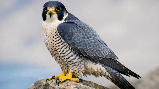 A peregrine falcon perched on a rock in daylight.