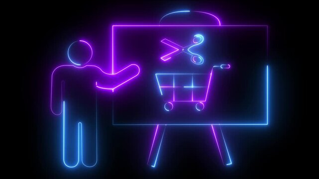 Neon presentation board with shopping cart and scissors for retail marketing and e-commerce strategy