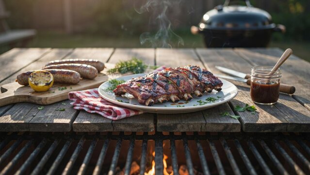 Grilled BBQ Pork Ribs and Sausages on Rustic Outdoor Table with Smoke and Barbecue Sauce