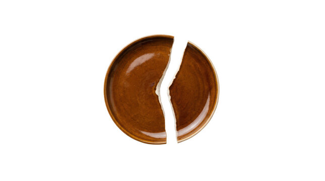 A single broken brown ceramic plate isolated on transparent background