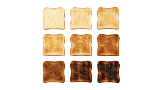 Nine slices of bread toasted to varying degrees of darkness isolated on transparent background