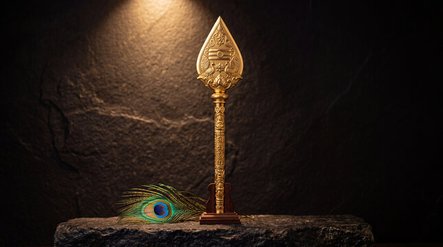 Golden Vel Spear with Peacock Feather for Thaipusam South Indian Festival