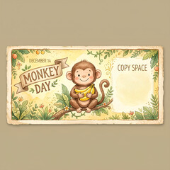 Fototapeta premium Vintage Monkey Day greeting card with cute cartoon monkey.