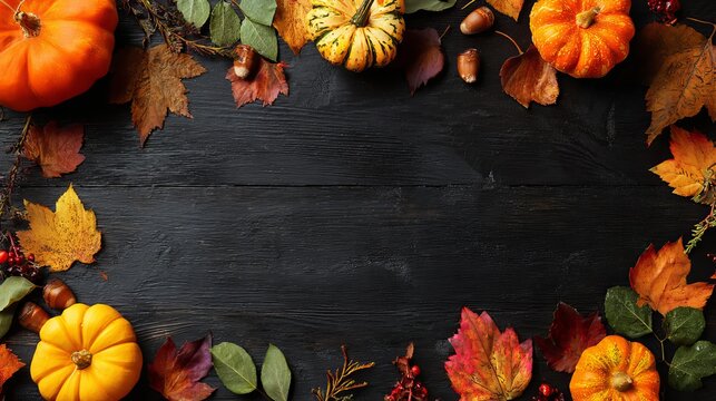 Vibrant autumn pumpkins and dry fall leaves arranged neatly on a dark wooden background creating a seasonal harvest greeting space