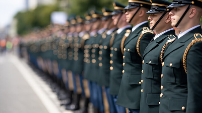 Rows of soldiers in formal uniforms march during a bright military history celebration, clean city setting without landmarks, army anniversary, veterans, parade, service, discipline, honor,