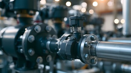 Fototapeta premium Close up of industrial piping system with flanged joints and control valve under warm ambient lighting
