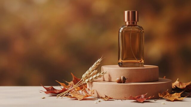 Perfume bottle on a wooden podium with autumn leaves and wheat stalks for seasonal marketing