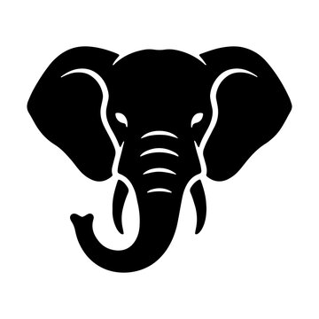 Black silhouette of elephant head facing forward isolated on white background with elephant, silhouette