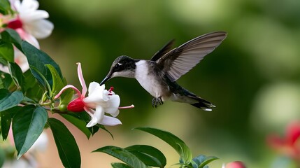 Naklejka premium A hummingbird hovers near a white and pink flower to sip nectar amidst lush green foliage