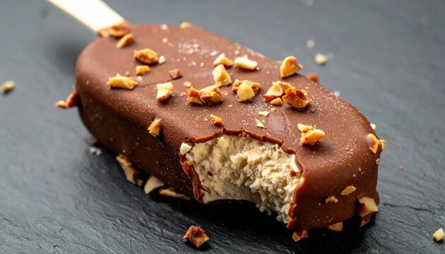 Chocolate ice cream bar with nuts.