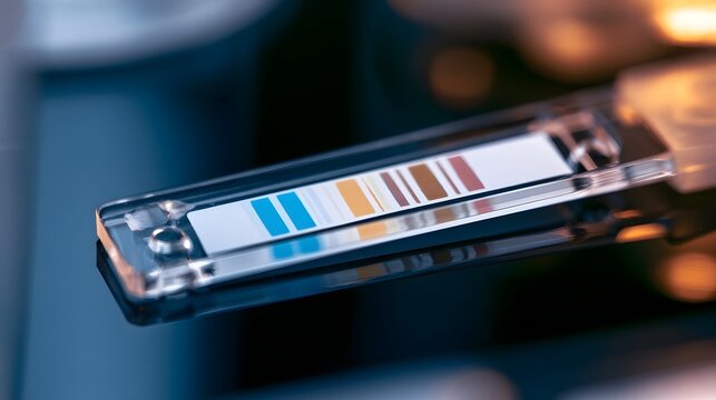 Close up of a diagnostic test strip showing color coded results on a reflective surface under soft lighting