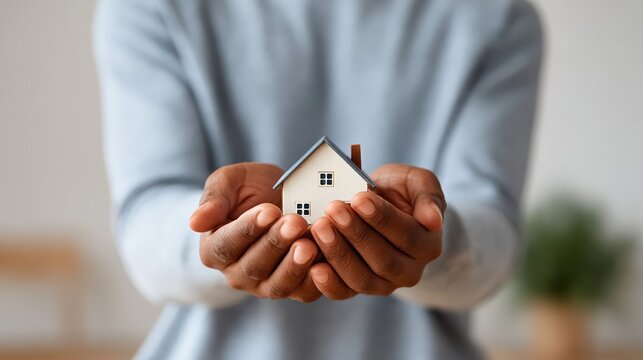 A couple gently holds a small house model symbolizing home ownership and real estate investment. Soft natural light enhances this ultra realistic lifestyle photo.