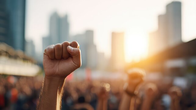 Ultra realistic fists raised at a protest symbolize unity and resistance. Sunlight backlights the powerful crowd in a moment of strength and hope.
