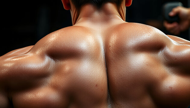 Shirtless muscular male back view showcasing strong physique and defined shoulder muscles in studio lighting