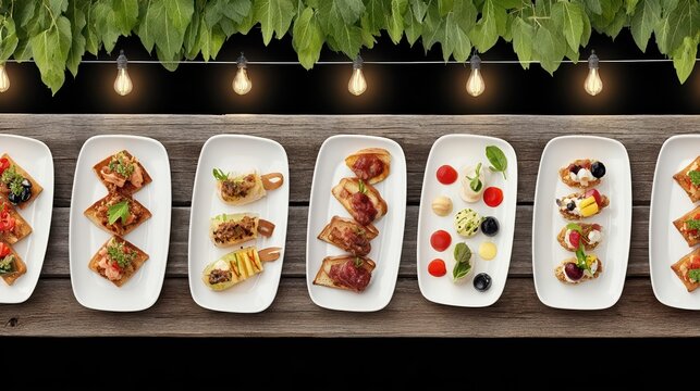 Overhead view of a buffet table with elegant bite-sized appetizers and desserts. Warm lighting highlights the modern catering and artistic food arrangement.