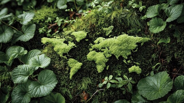Moss shaped like a world map rests on rich soil, bathed in morning sunlight. Detailed textures and dewdrops highlight lush greenery and global sustainability.
