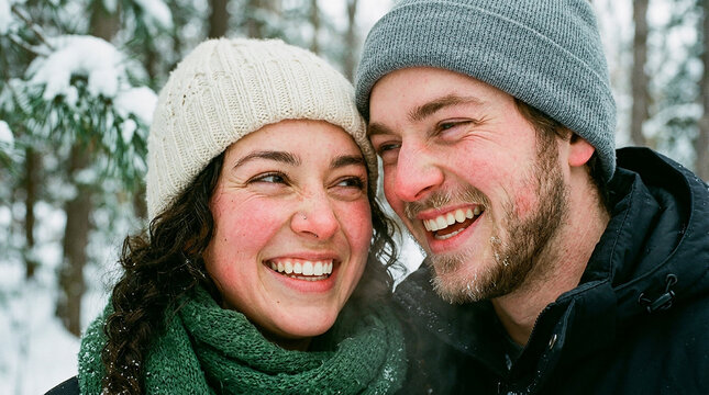 Happy couple laughing together outdoors in snowy winter forest wearing warm hats and scarves, joyful romantic moment with visible breath in cold weather, lifestyle photography concept for love and win