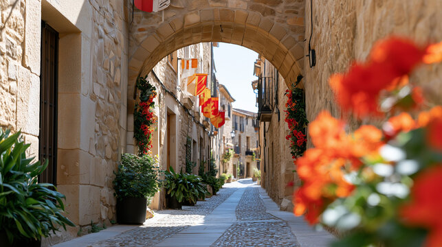 Charming Medieval Stone Alleyway Decorated for the Traditional Spanish Festival Cidiano Celebration