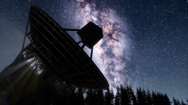 A radio telescope dish scanning the milky way galaxy against a starry night sky.