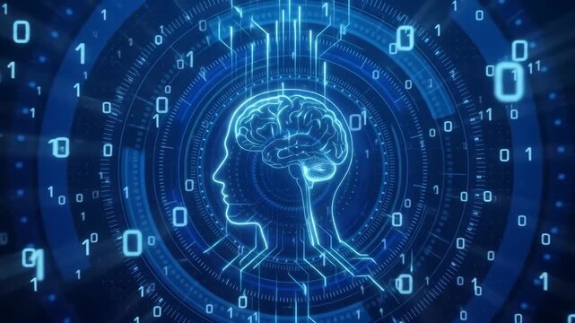Artificial intelligence brain concept with glowing digital circuits and binary code data stream