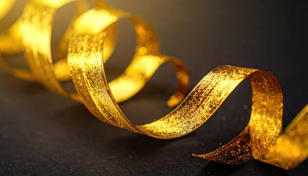 Elegant Gold Ribbon Curl on Dark Background, Festive Decoration.